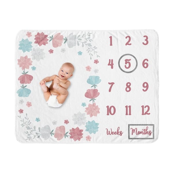 slide 2 of 6, Floral Rose Flowers Girl Baby Monthly Milestone Blanket - Blush Pink Teal Aqua Blue Grey Pop Flower Boho Shabby Chic Watercolor