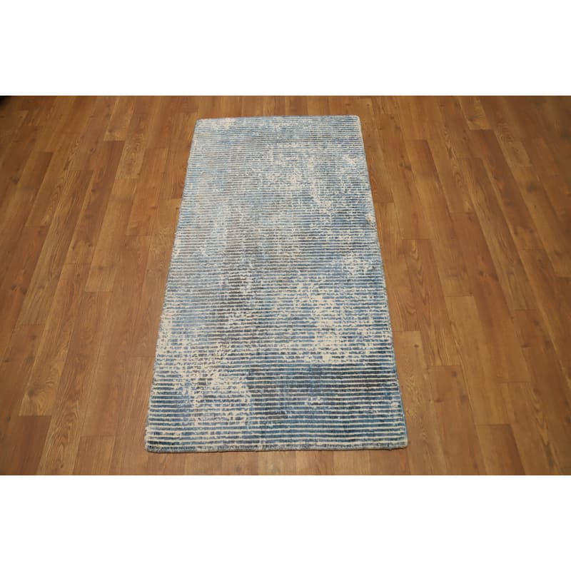 Hand Knotted Oriental Viscose Silk Carpet Modern Abstract Navy Blue & Blues Abstract Area Rug - 4' 0'' X 2' 0''
