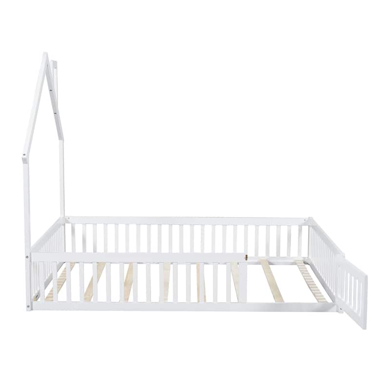 Wood Full Size House Platform Bed with Guardrail