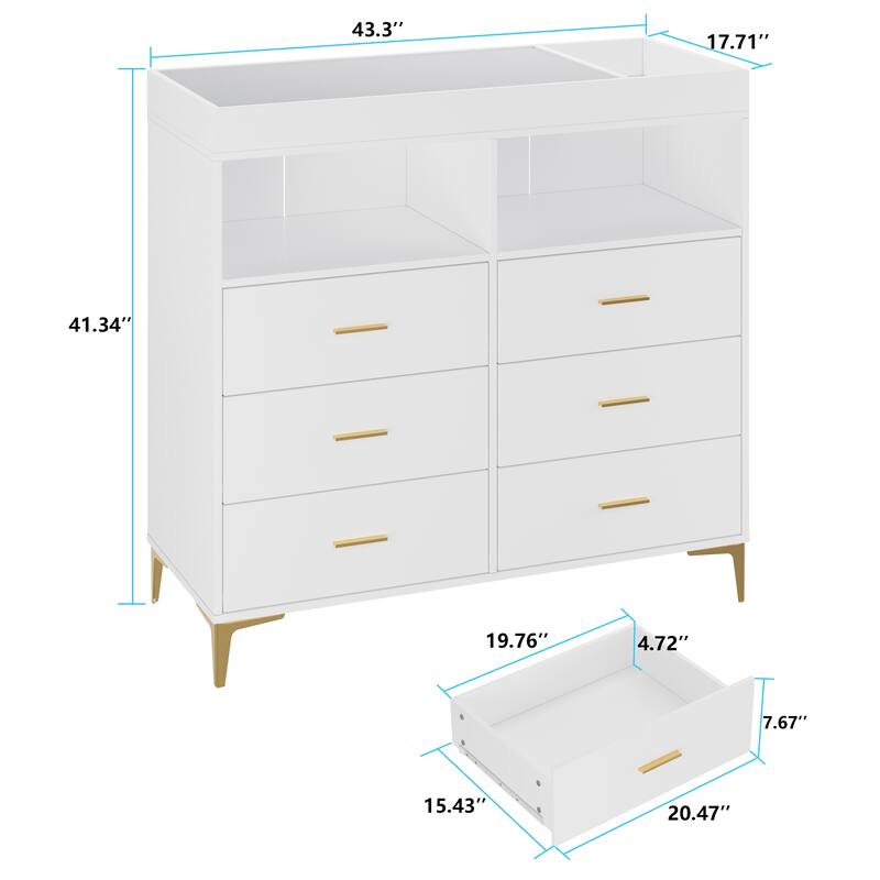 Dresser for Bedroom with 6 Drawers, Baby Changing Table Dresser with Changing Pad