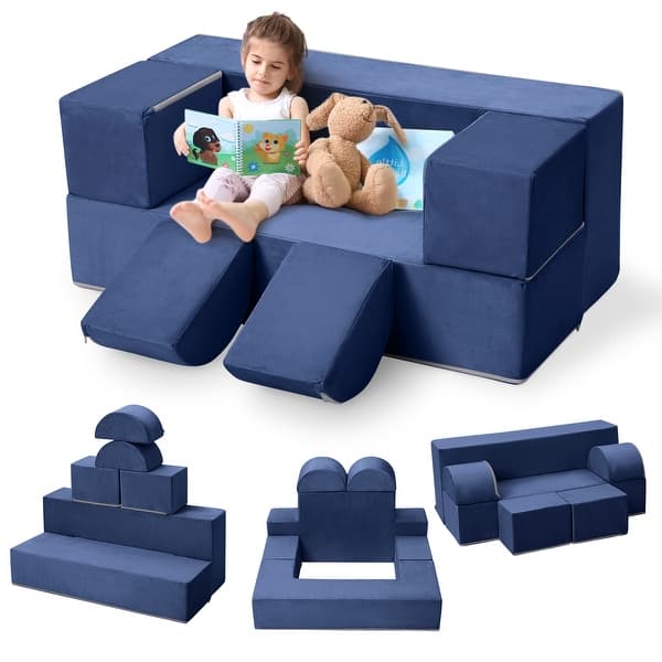 slide 2 of 16, Kids Play Couch 6Pcs Modular Toddler Sofa for Playroom and Bedroom, Convertible Couch with Removable Cover(Grey ang Blue) Blue