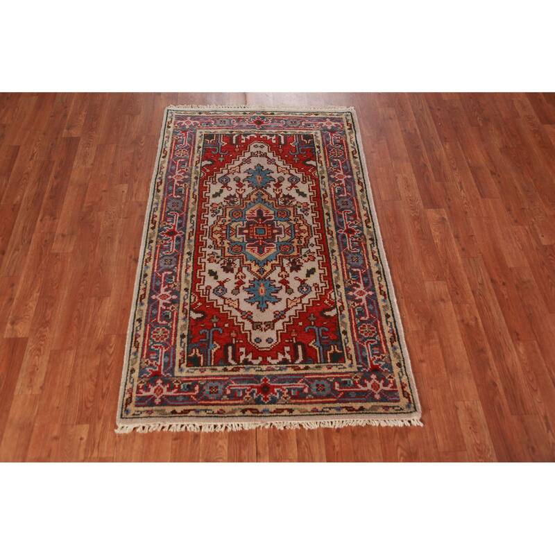 Geometric Heriz Serapi Indian Foyer Rug Hand-Knotted Wool Carpet - 3'0"x 4'11"