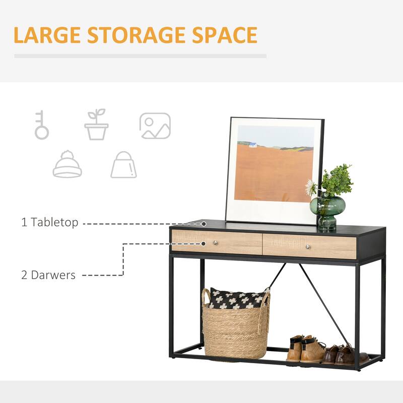 HOMCOM Console Sofa Table with 2 Drawers Narrow V Shape designed Entryway Table with Metal Frame for Hallway Living Room
