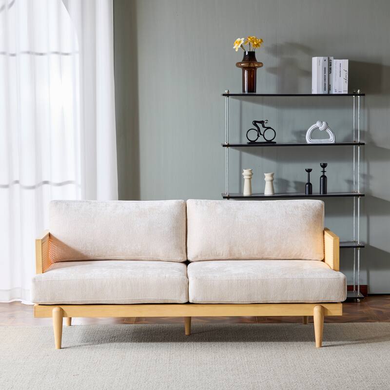 Minimalist Sofa Couch with Rattan Armrests, 3-Seater Sofa Couch Natural Beige Settee Couch with Wood Legs - Natural Beige