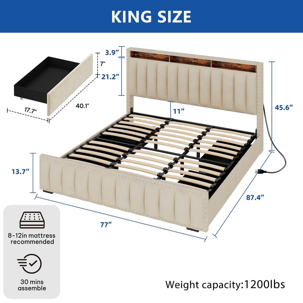 Moasis Full/Queen/King Velvet Upholstered Platform Bed Bedframe with Charging Station and 4 Storage Drawers