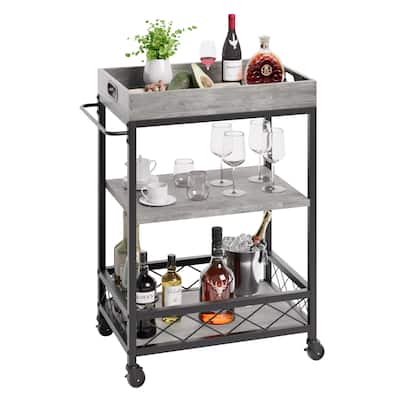 Bar Cart, 3 Tier Bar Cart with Wheels and Portable Tray, Rolling Cart On Wheels, Rustic Grey Serving Cart - N/A
