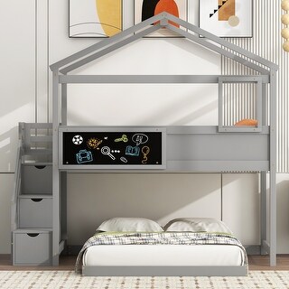 Twin over Full House Bunk Bed with Storage Staircase and Blackboard, House Bed Design