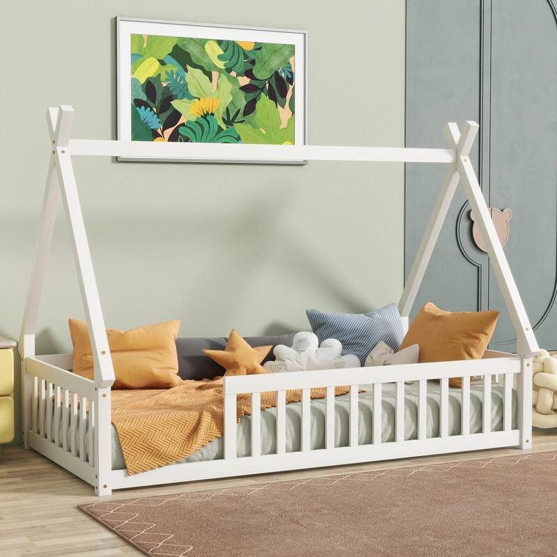 Twin Size Tent-shaped Floor Bed with Guardrails and Slats