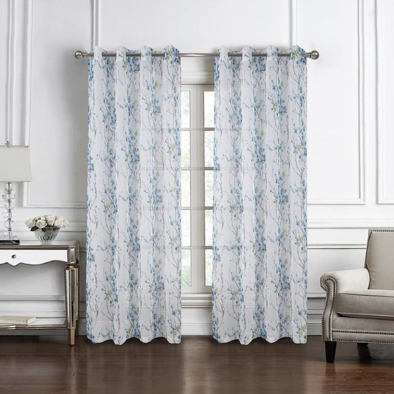 Amelia Floral Sheer Window Curtain Panel 84" or 90" - 54" x 90" - BLUE