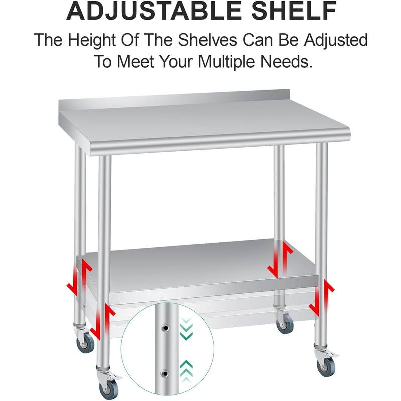 tainless Steel Work Table with Backsplash, Adjustable Under Shelf