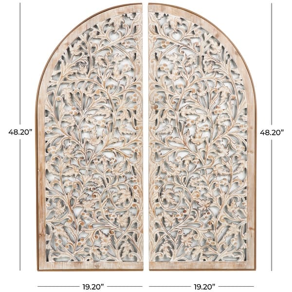 dimension image slide 0 of 2, Brown Wooden Handmade Arched Floral Wall Decor with Intricate Carvings (Set of 2)