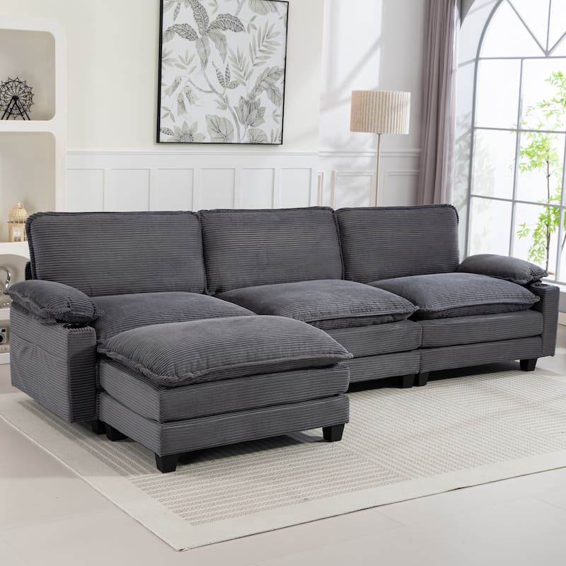 113" L Shaped Sectional Sofa, Deep Seat Cloud Couch with Ottoman, Oversized Corduroy Couch with Cup Holders, Storage Bags
