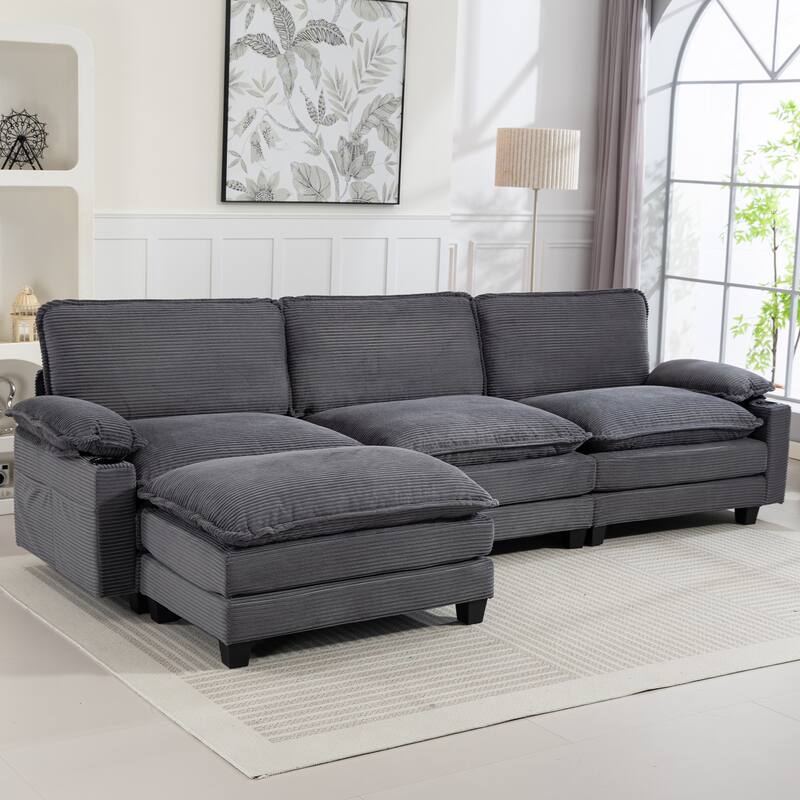 L-Shaped Modular Sectional Sofa with Ottoman, Oversized Corduroy Upholstered Cloud Couch with Cup Holders & Side Pockets