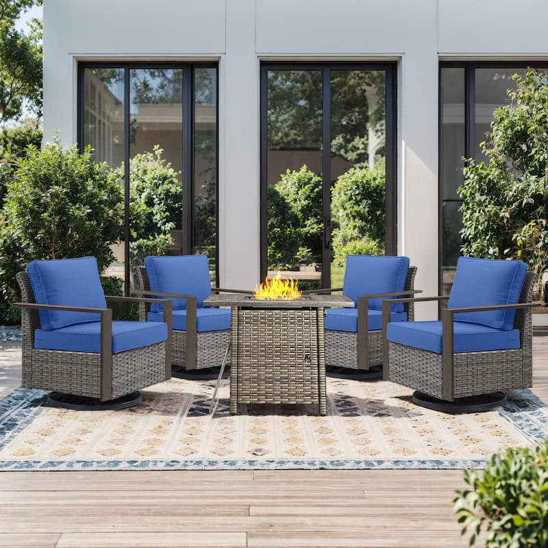Pocassy Fire Pit Table with Outdoor Sofa Chair Ottoman Set - Grey Wicker Blue Cushion - 5-Piece Swivel Chair with Suqare Fire Table