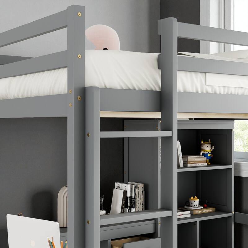 Full Size Loft Bed with Desk, Drawers and Shelves, Solid Pine Wood Frame with Built-in Ladder and Guardrails