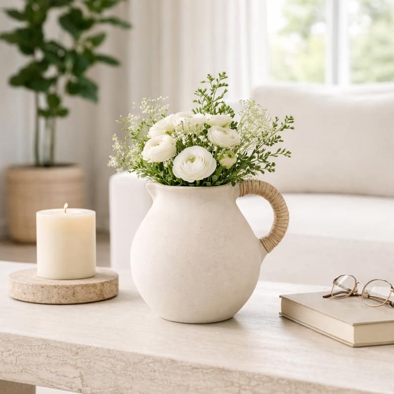 Pottery Vase with Woven Rattan Handle - Tall Flower Vase - 10.0"