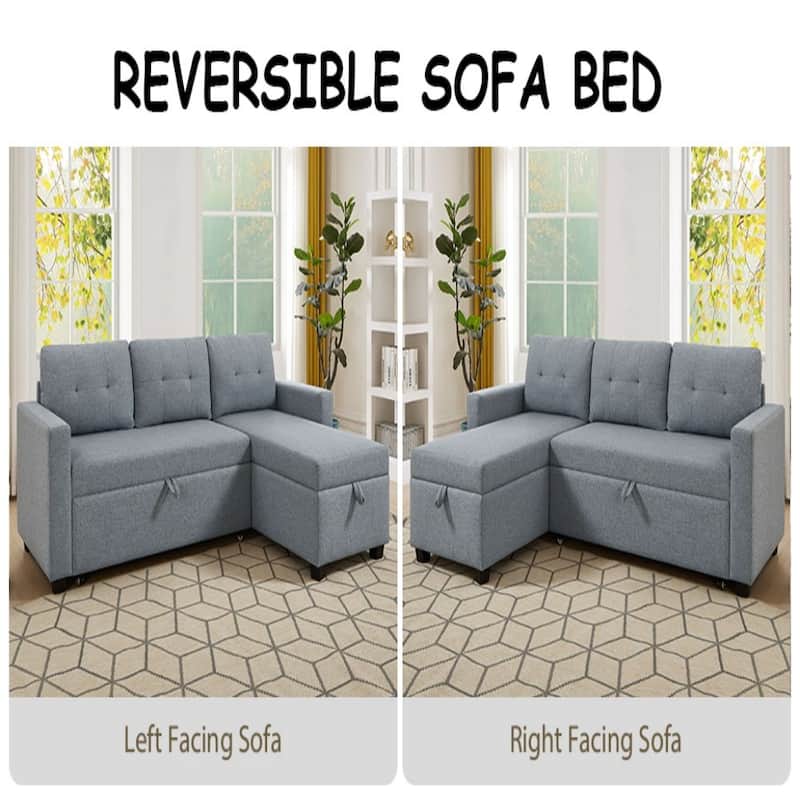 Upholstered Pull Out Sectional Sofa with Storage Chaise, Convertible Corner Couch