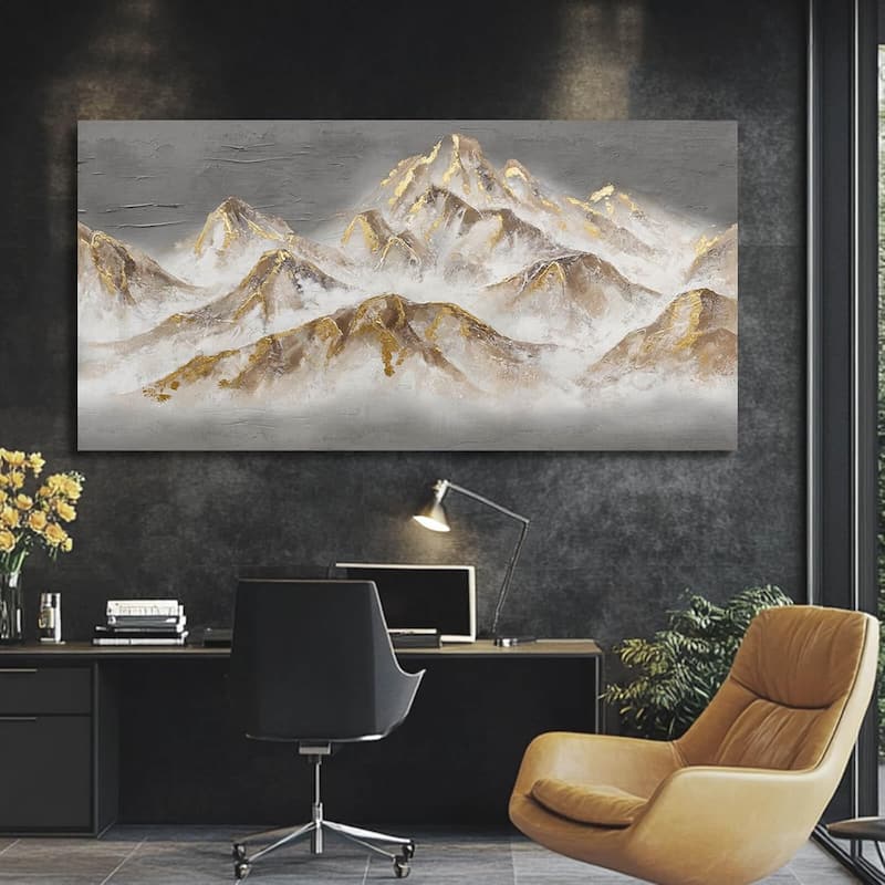 Mountain Wall Art Gold Pictures Wall Decor Grey Textured