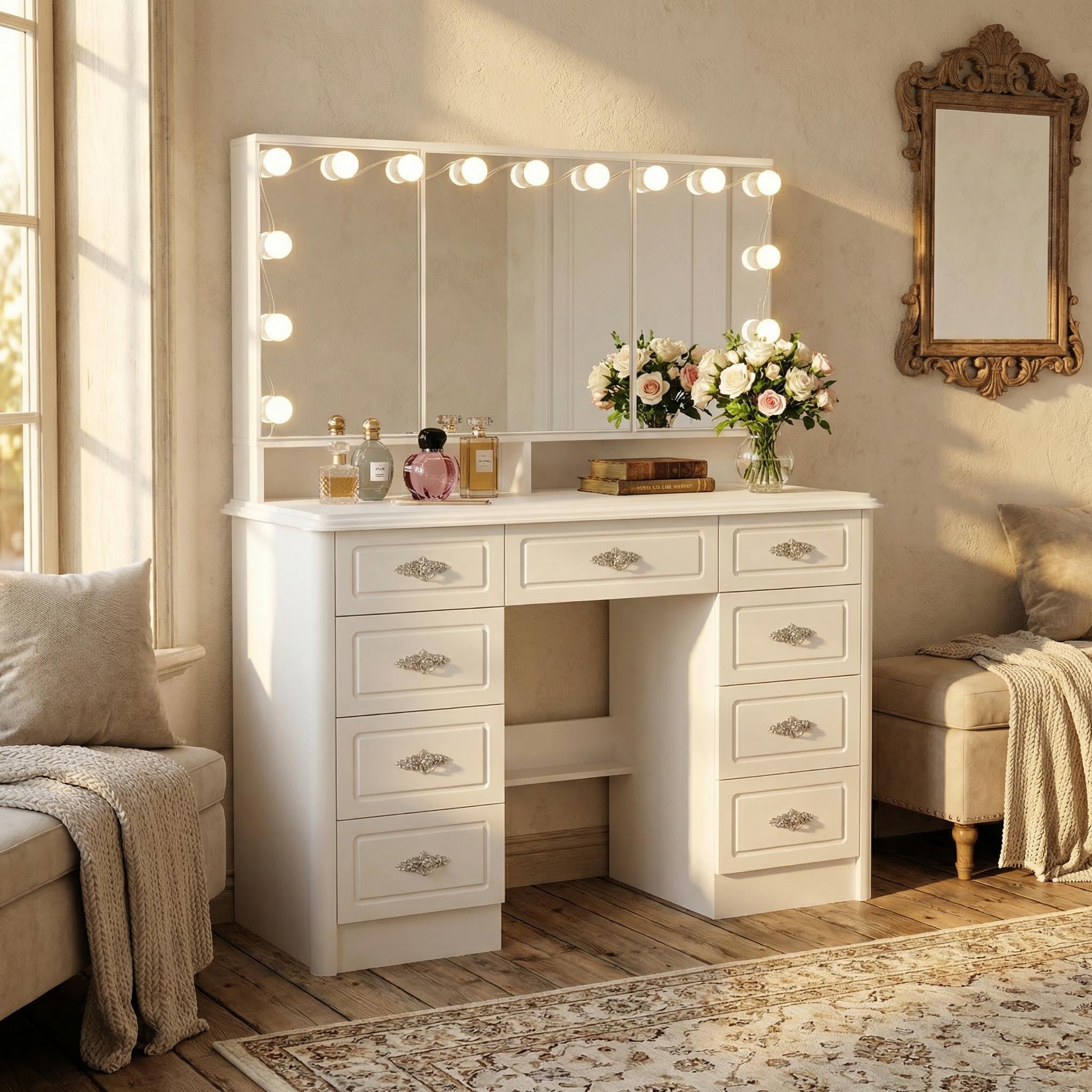 Makeup Vanity Desk with Lights and Mirror, White Vanity Table with 9 Drawers, Hollywood Lighted Vanity Desk Dressing Table