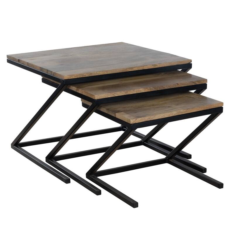 Mango Wood Nesting Tables Set of 3 with Black Metal Z Frame Base