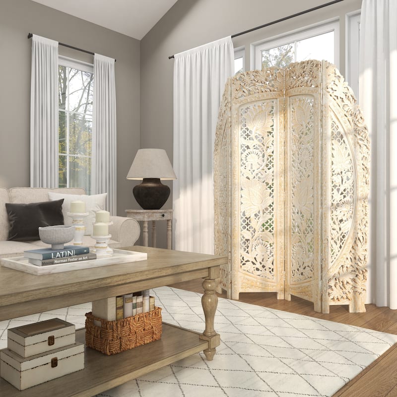 Wood Floral Handmade Foldable Arched 4 Panel Room Divider Screen with Intricately Carved Designs - White - Roche River Decor