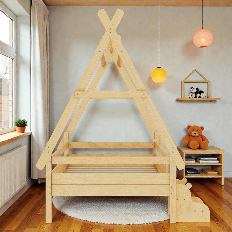 Twin/Full House Platform Bed with Stairs, Solid Wood Low Profile Kids Bed Frame, Fun Playhouse Design for Children