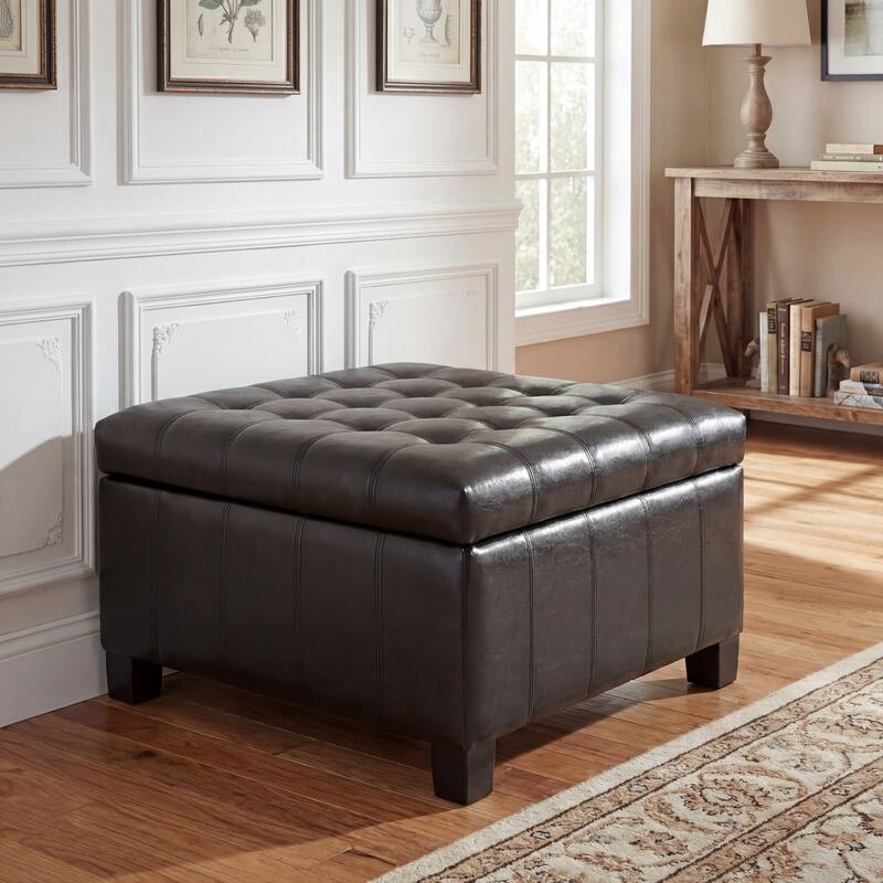 30.25" Square PU Storage Ottoman with Lift-Top & Rubber Wood Legs - Black