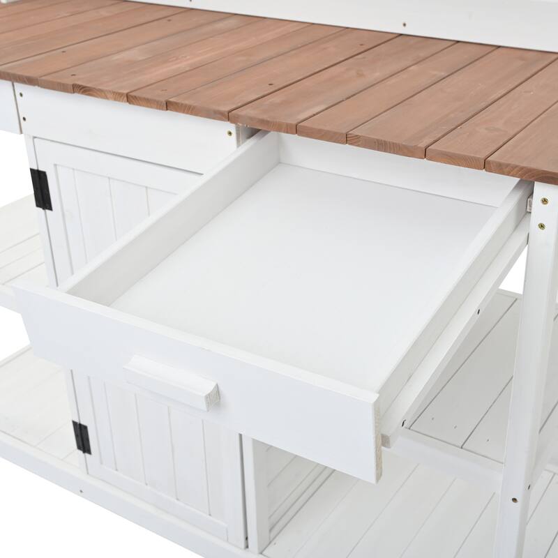 66" Large Outdoor Wooden Potting Bench Table, Garden Workstation with 2 Drawers, Cabinet Open Shelves for Backyard