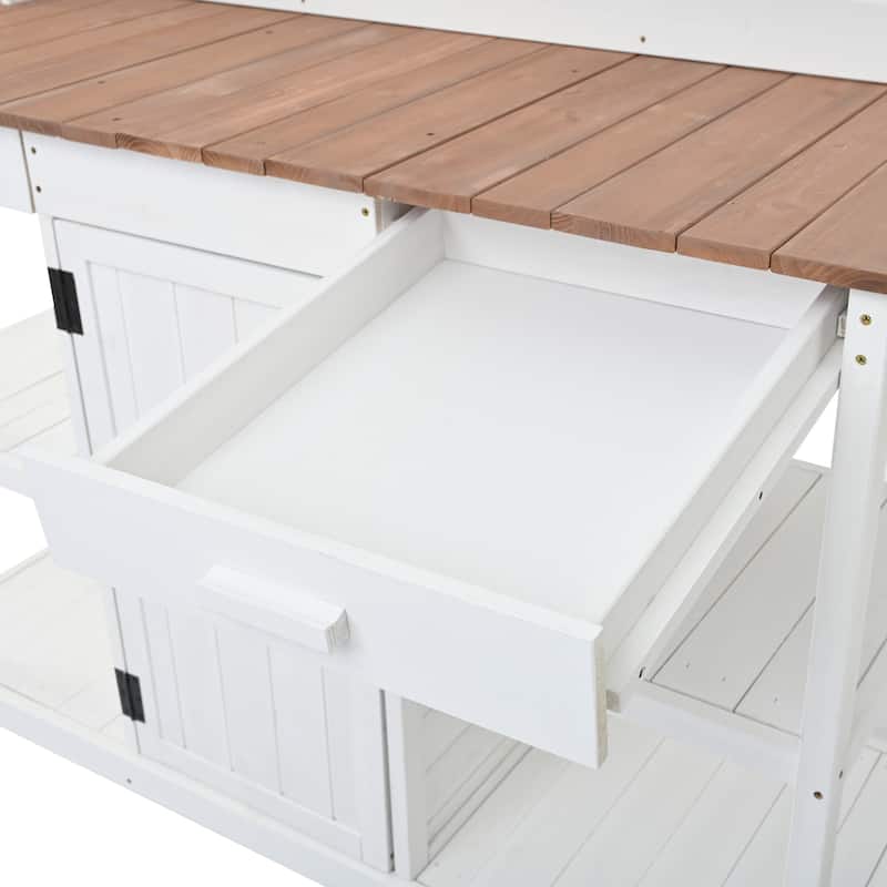 Roomfitters 66" Farmhouse Outdoor Potting Bench Table with 2 Drawers, Cabinet and Open Shelves