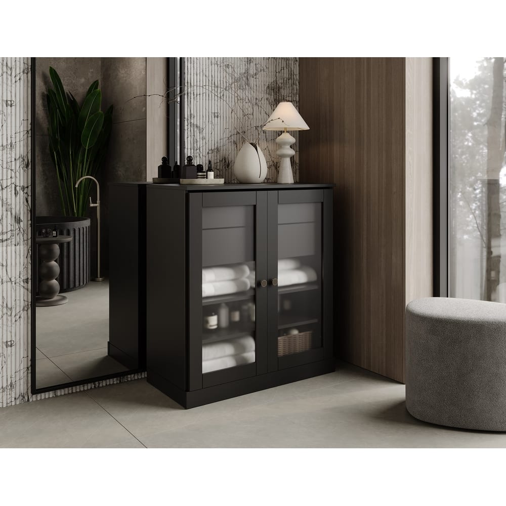 Palace Imports 100% Solid Wood 32" Bathroom Cabinet with Frosted Glass Doors, 2-Drawers and Adjustable Shelves