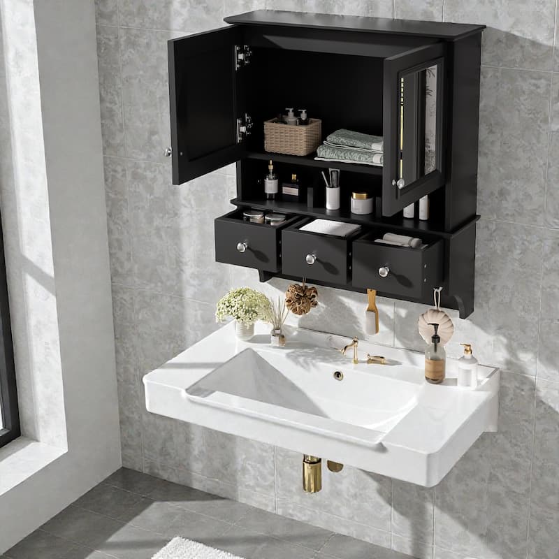 24 Inch 4-in-1 Wall Mounted Medicine Cabinet with Mirror, Drawers and Hooks, Bathroom Storage Organizer