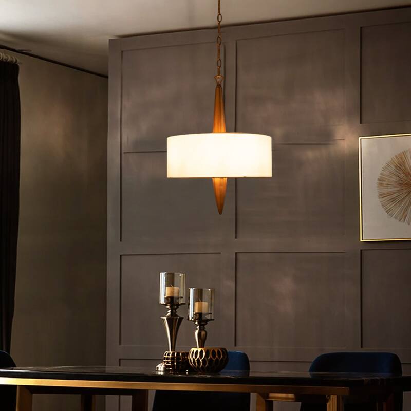 Mid-Century Modern 4-light Drum Brass Chandelier Fabric Shade Hanging Lights for Dining Room - D16" x H80"