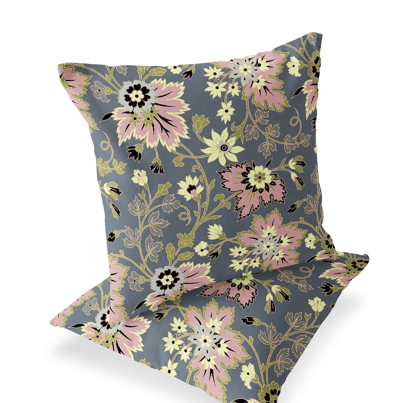 HomeRoots Set of Two 16" X 16" Gray and Pink Blown Seam Floral Indoor Outdoor Throw Pillow - 16.00' X '16.00' X '5.00