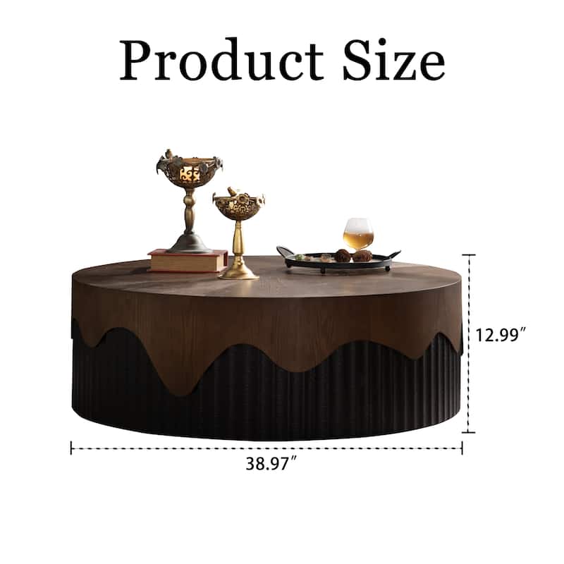 38.97" Round Coffee Table Handcrafted Relief Sturdy Pedestal Wooden Tea Table for Living Room no need to Assemble