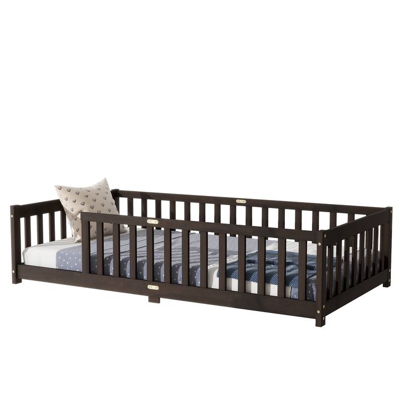 Rubber Wood Twin Size Floor Bed with Fence without Door