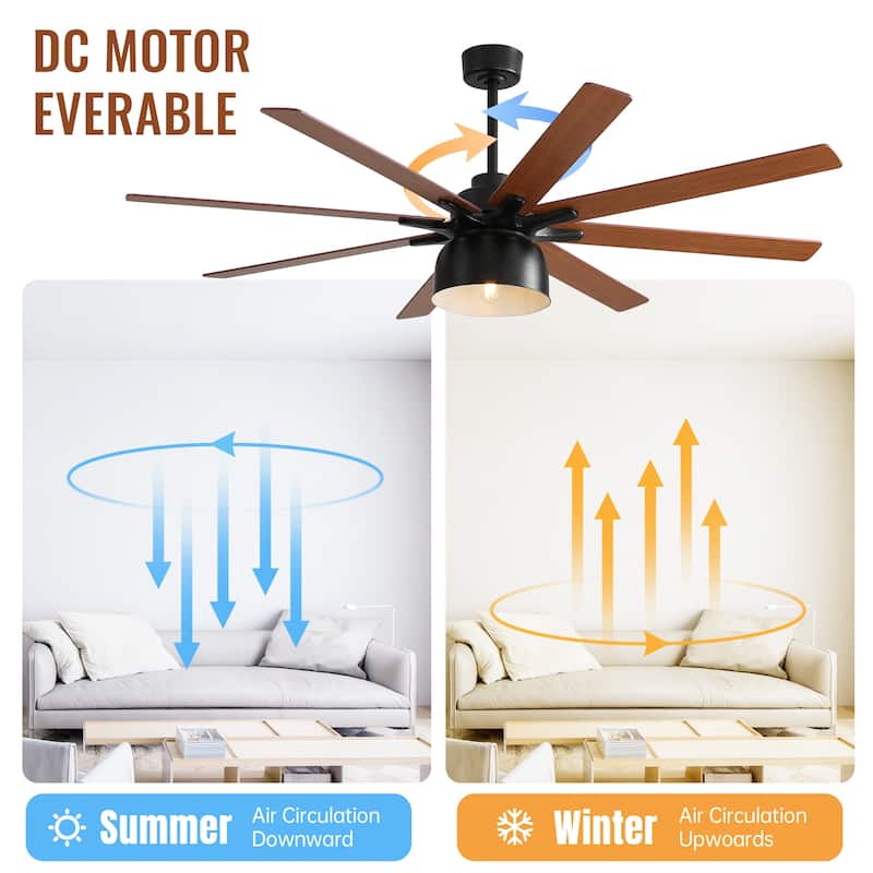 66 Inch Ceiling Fan With 6 Speed Wind 8 Dual Colors Blades Remote Control - Black