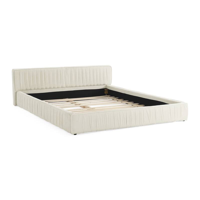 Pleated design Chenille fabric Queen Size Upholstered Bed Frame