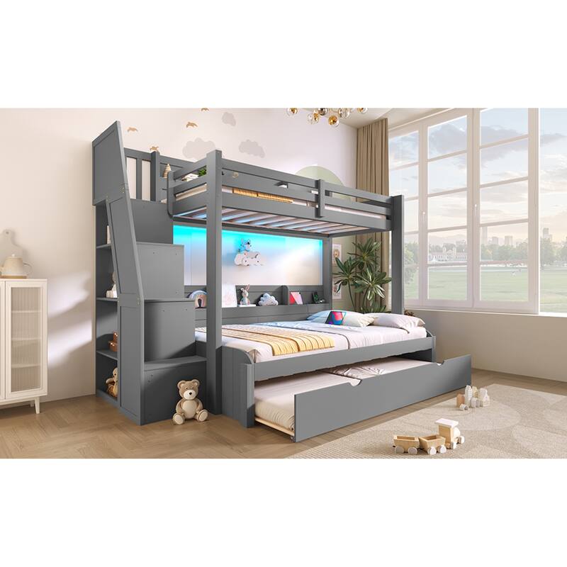 Roomfitters Twin Over Full Bunk Bed with Storage Staircase, Trundle, LED and USB