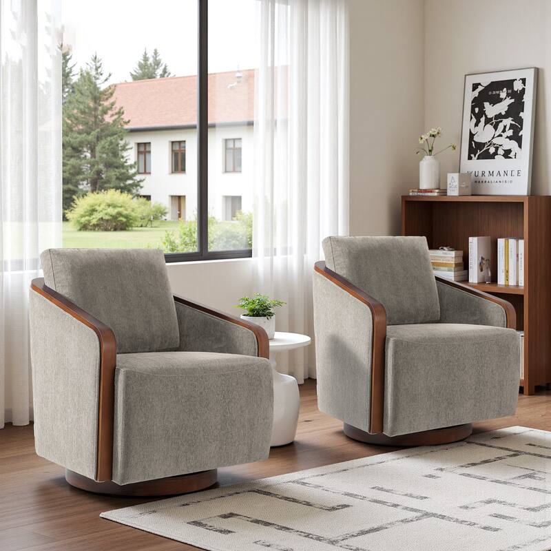 Set of 2 Modern 360° Swivel Accent Barrel Chairs with Wood Arms