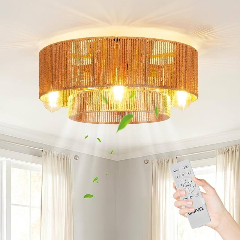 20" Rattan Boho Ceiling Fan with Light Flush Mount, 6 Speeds Reversible for Living Room Bedroom - Multi