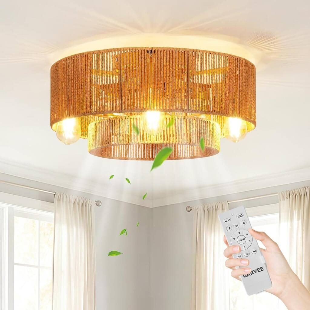 20" Rattan Boho Ceiling Fan with Light Flush Mount, 6 Speeds Reversible for Living Room Bedroom