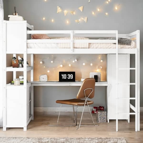 slide 2 of 27, Full Size Loft with Wardrobe and Desk for Kids,Wood Loft Bed with Cabinet and Bookshelf, White