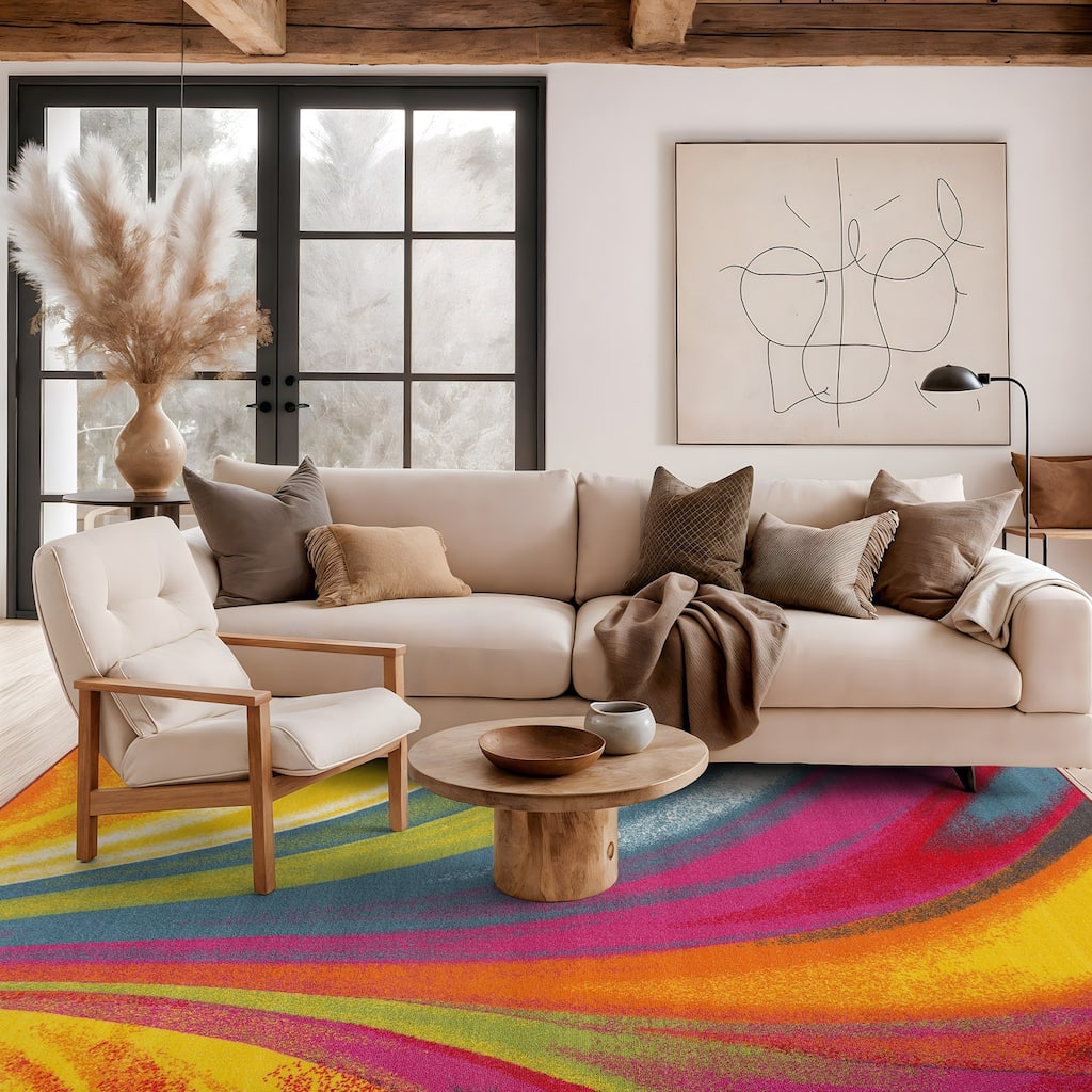 World Rug Gallery Modern Contemporary Waves Multicolored Non-slip Non-skid Area Rug