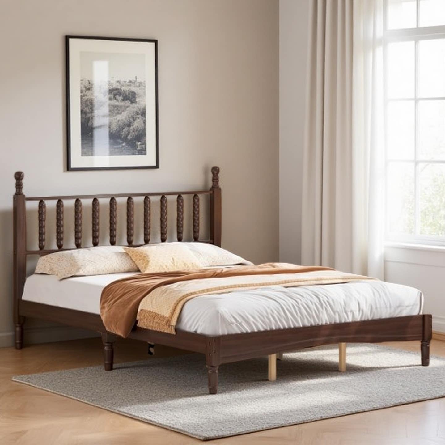 King Size Retro Wooden Platform Bed with Gourd-Shaped Headboard, Solid Wood Slat Support, No Box Spring Needed