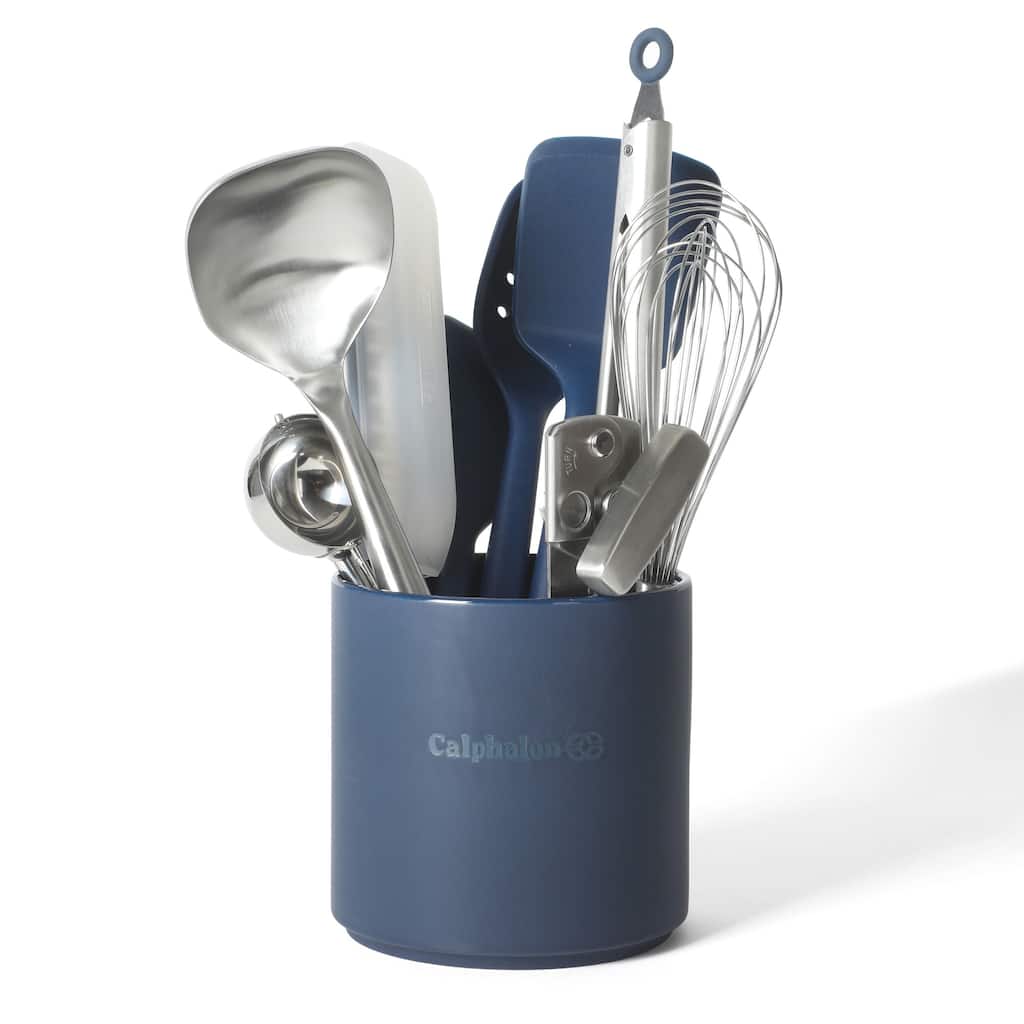 Calphalon Edge Kitchen Utensil Set with Crock, 10-Piece Silicone & Stainless Steel Tools, Navy Blue