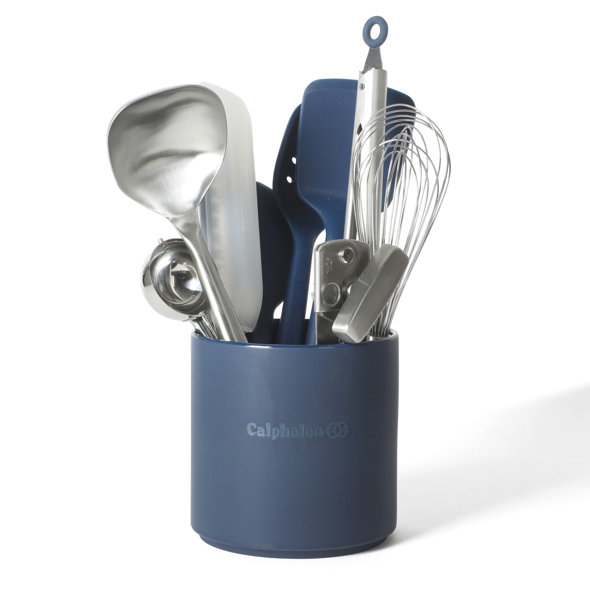 Calphalon Edge Kitchen Utensil Set with Crock, 10-Piece Silicone & Stainless Steel Tools, Navy Blue