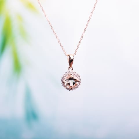 4/5ct TGW Morganite and 1/10ct TDW Diamond Halo Necklace in 10k Rose Gold by Miadora - 16.4 mm x 17 in x 8.9 mm