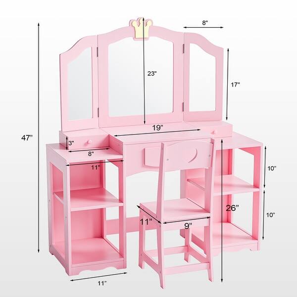 dimension image slide 2 of 4, Kids Vanity Table And Chair Set, 2 In 1 Girls Vanity Storage Cabinet W/Tri-Folding Mirror - N/A