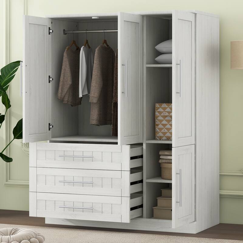 Four Door Wardrobe Armoire Closet with Three Drawers for Stylish and Convenient Storage Solutions - White