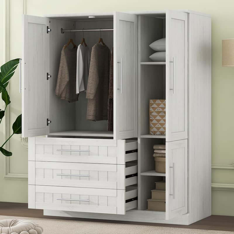 Roomfitters 4-Door Wardrobe Armoire Closet with Side Compartments and Decorative Panel Storage - White